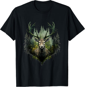 Deer Portrait Forest Motif Artwork Animal Lovers Wildlife T-Shirt - T-Shirt | Black