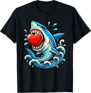 Shark Holding Hearts Valentine's Day Kids Family Group T-Shirt - T-Shirt | Black