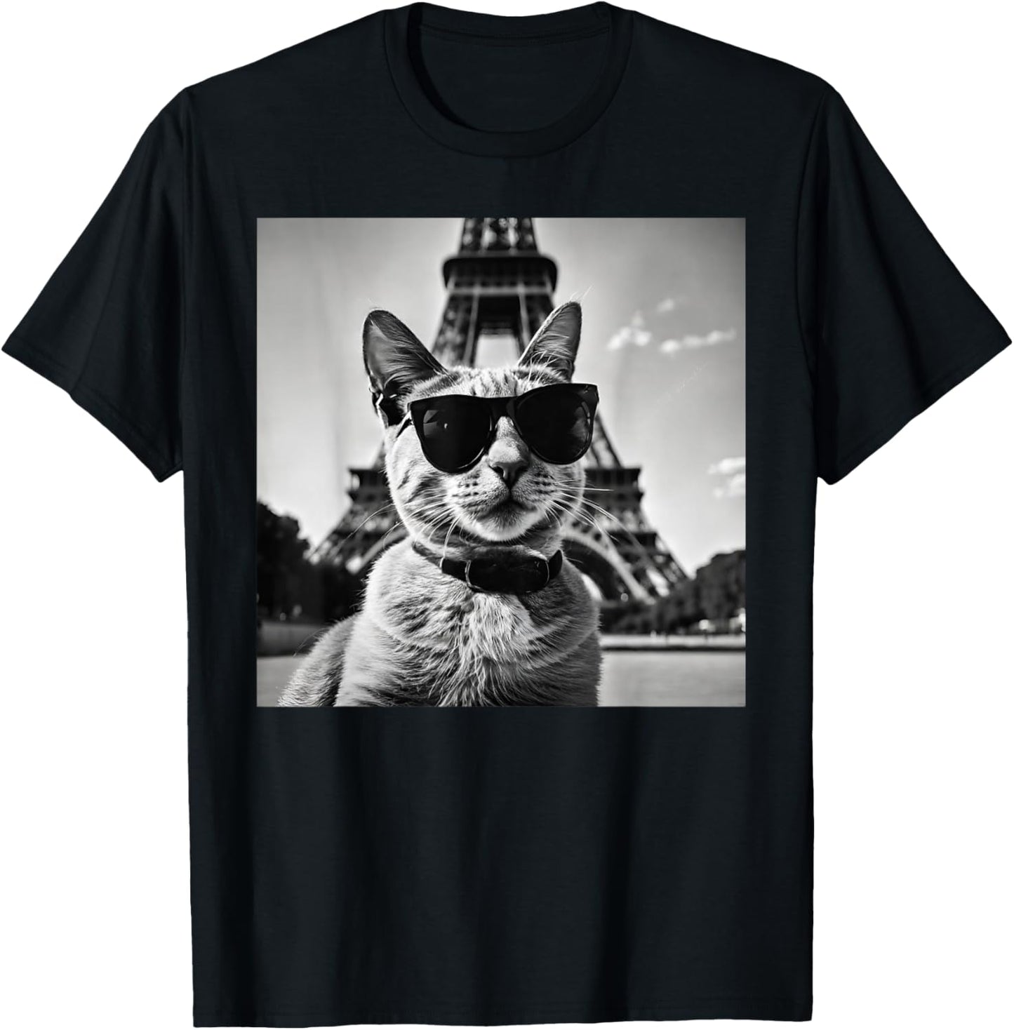 Funny French Cat Wearing Sunglasses and Paris Eiffel Tower T-Shirt - T-Shirt | Black