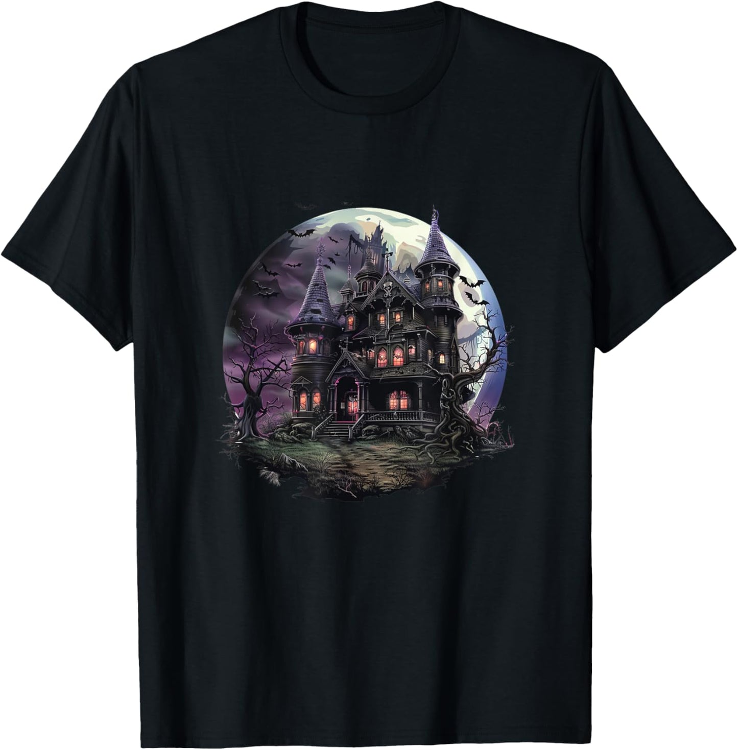 Gothic Haunted House - Spooky Halloween Mansion Design T-Shirt - T-Shirt | Black