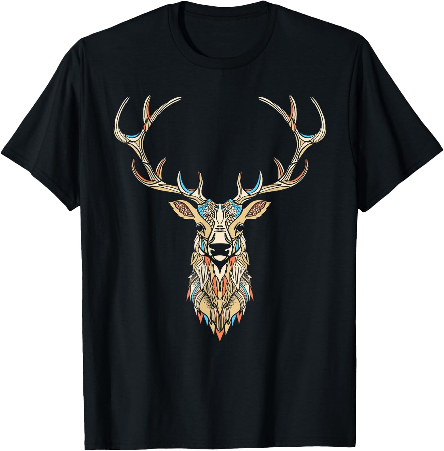 Elk Head/Face Artistic Illustration Graphic T-Shirt - T-Shirt | Black