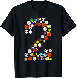 Kids 2nd Birthday Sports Big Number Two 2 Year Old Boy T-Shirt - T-Shirt | Black