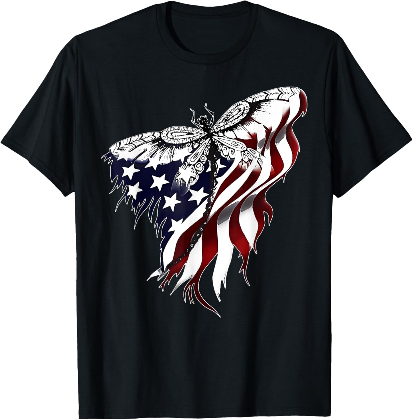 American Flag Dragonfly Patriotic 4th of July Red White Blue T-Shirt - T-Shirt | Black