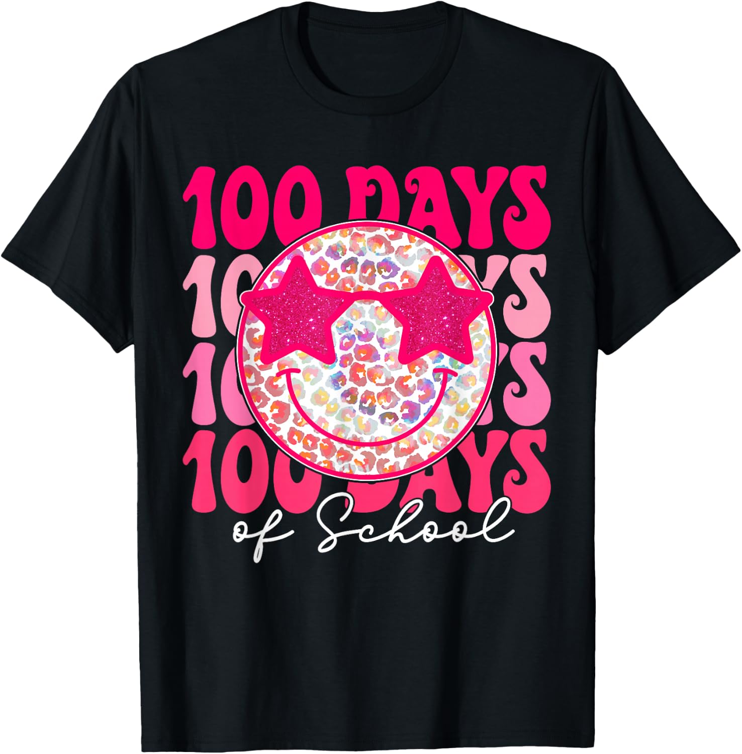 Retro Smile Face Pink Groovy Happy 100 Days of School Girls T-Shirt - T-Shirt | Black