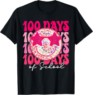 Retro Smile Face Pink Groovy Happy 100 Days of School Girls T-Shirt - T-Shirt | Black