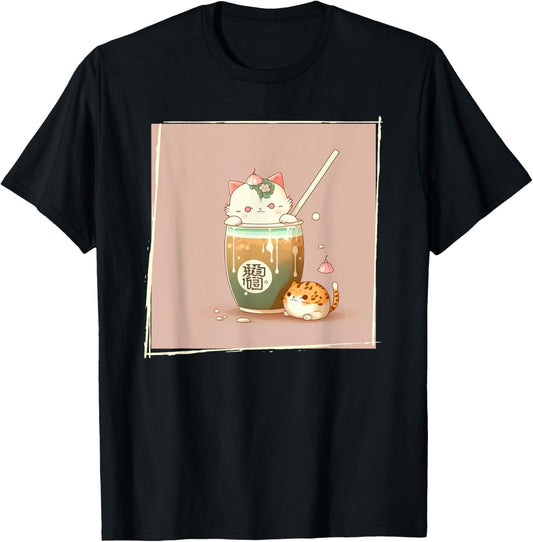 Boba Tea Cat Kawaii Anime Japanese Kawaii Neko Graphic Men Women Kids T-Shirt - T-Shirt | Black