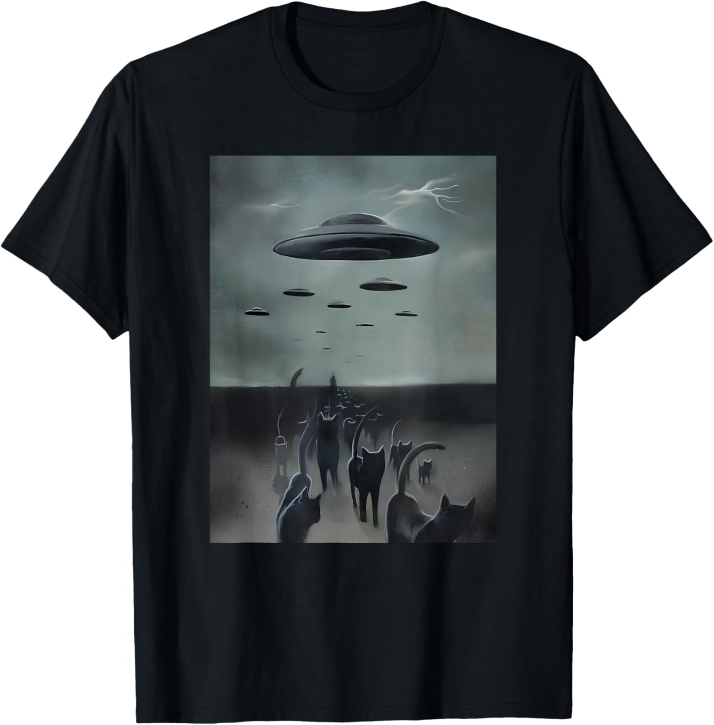 Cats Invasion With Alien UFO Funny Cats Women Kid , Small, Black T-Shirt - T-Shirt | Black