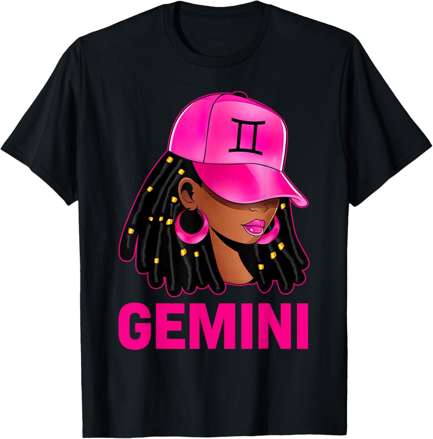 Gemini Queen Loc'd Hair Black Woman Cap Zodiac Sign T-Shirt - T-Shirt | Black