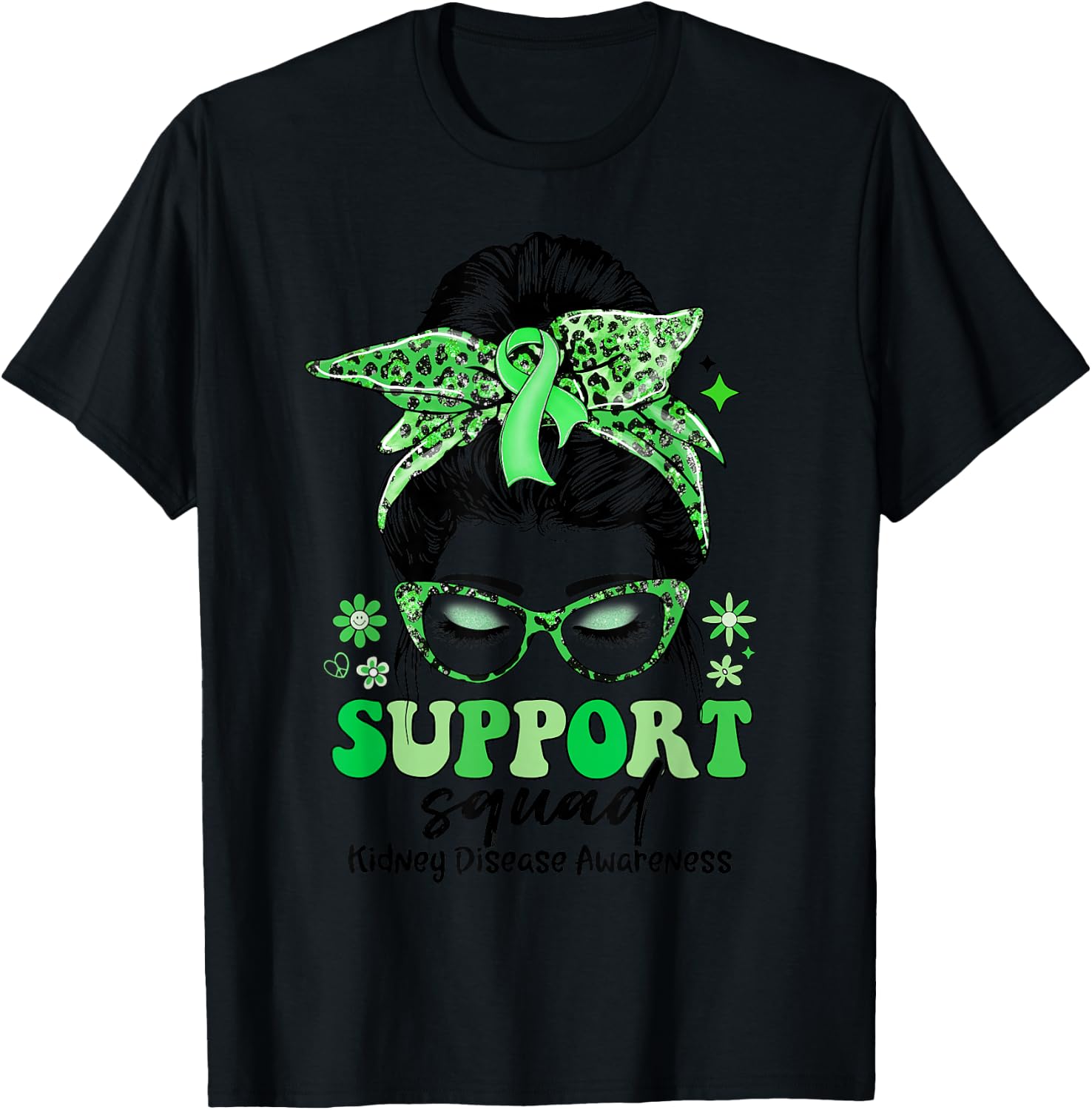 Groovy Support Squad Messy Bun Women Kidney Disease T-Shirt - T-Shirt | Black