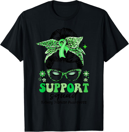 Groovy Support Squad Messy Bun Women Kidney Disease T-Shirt - T-Shirt | Black