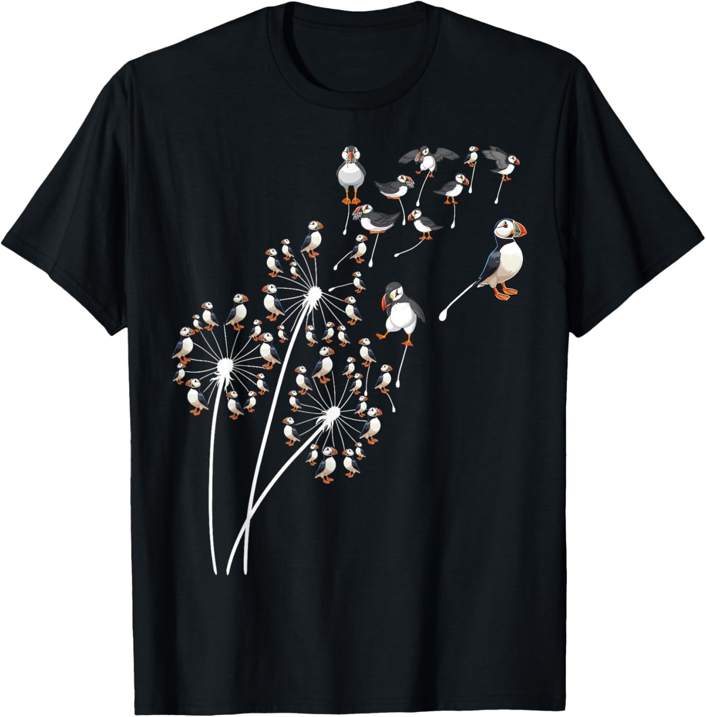 Dandelion Puffin Flower, Floral Puffin Tree T-Shirt - T-Shirt | Black