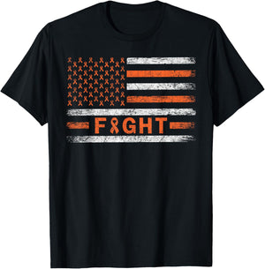 American Flag Orange Ribbon Fight Leukemia Awareness Women Men T-Shirt - T-Shirt | Black
