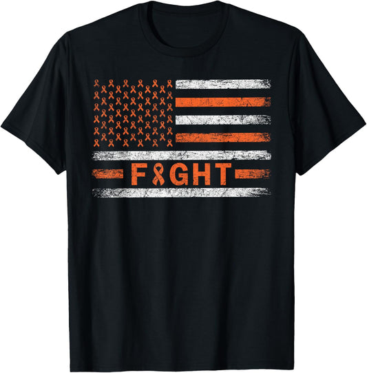 American Flag Orange Ribbon Fight Leukemia Awareness Women Men T-Shirt - T-Shirt | Black