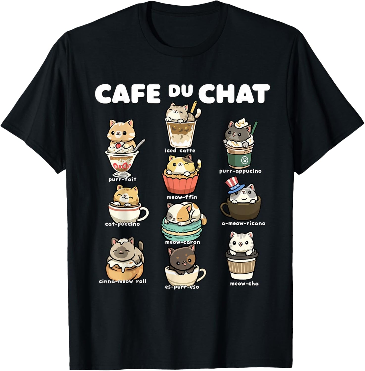 Cafe du Chat Cute Coffee Cats Kawaii Pun T-Shirt - T-Shirt | Black