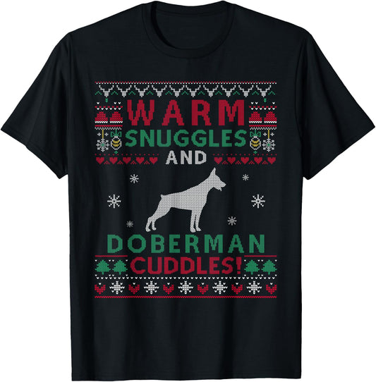 Doberman Christmas Dog Lover Gifts Christmas Doberman Dog Cuddles Pet Owners -Kids Ugly Christmas T-Shirt - T-Shirt | Black