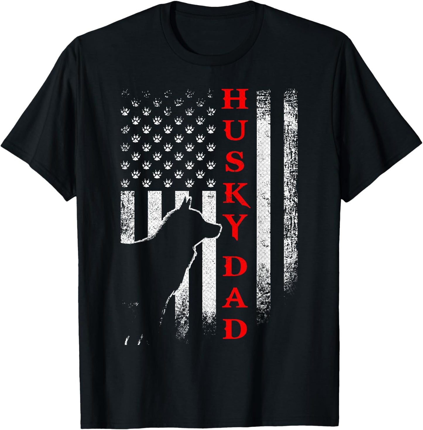Vintage USA American Flag Siberian Husky Dog Dad Silhouette Women Men T-Shirt - T-Shirt | Black