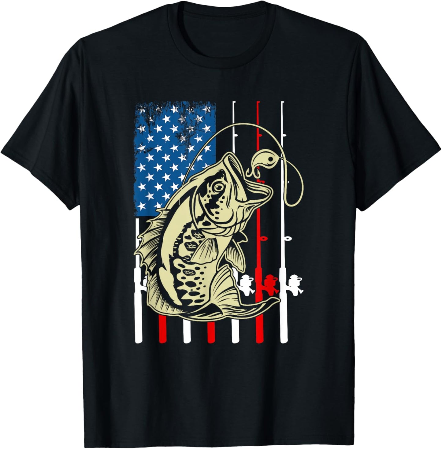 Fishing American Flag Vintage Fishing Lover Bass Fisherman T-Shirt - T-Shirt | Black