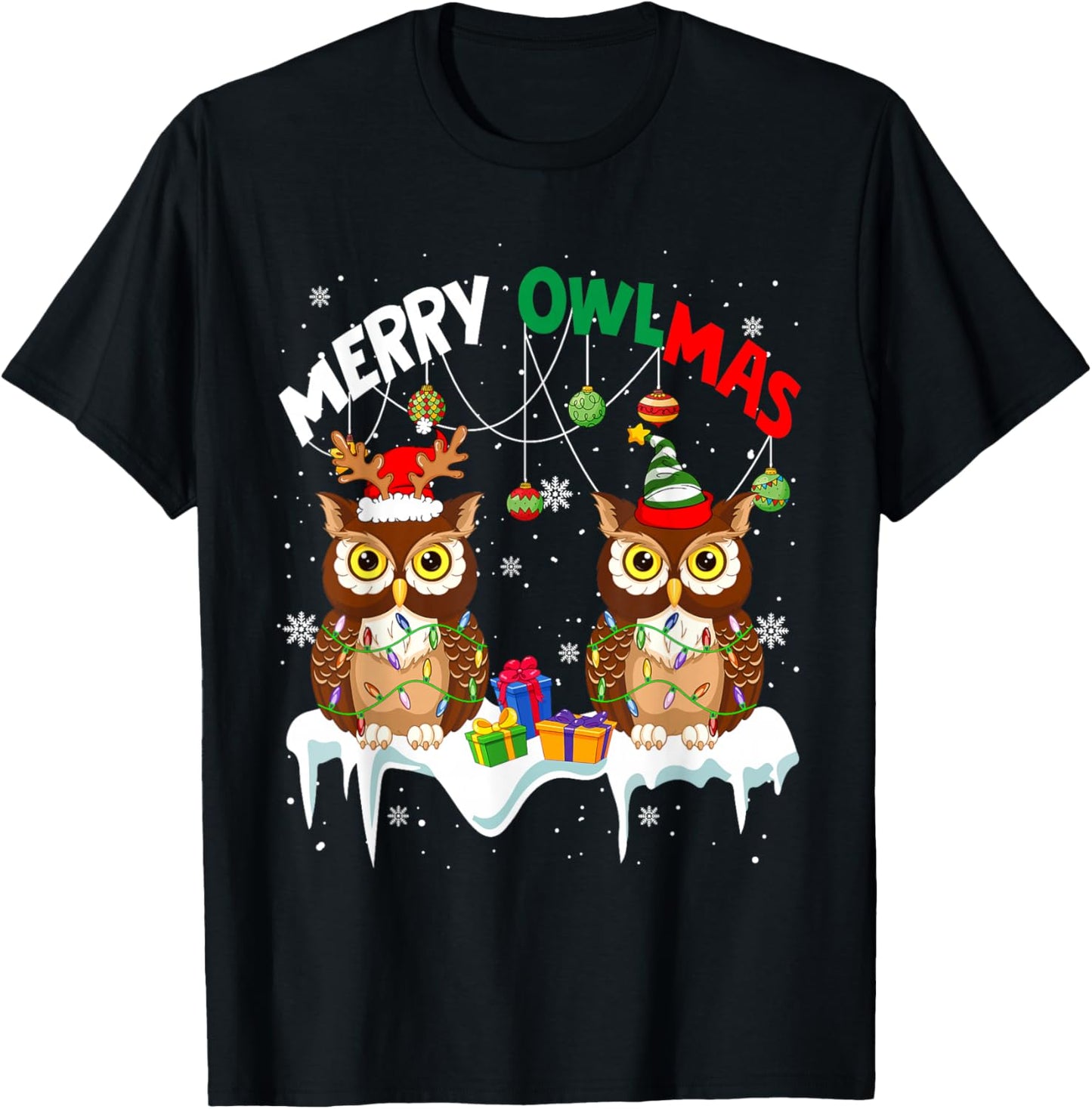 Merry Owlmas Two Santa Elf Owls Bird Lover Family Kids T-Shirt - T-Shirt | Black