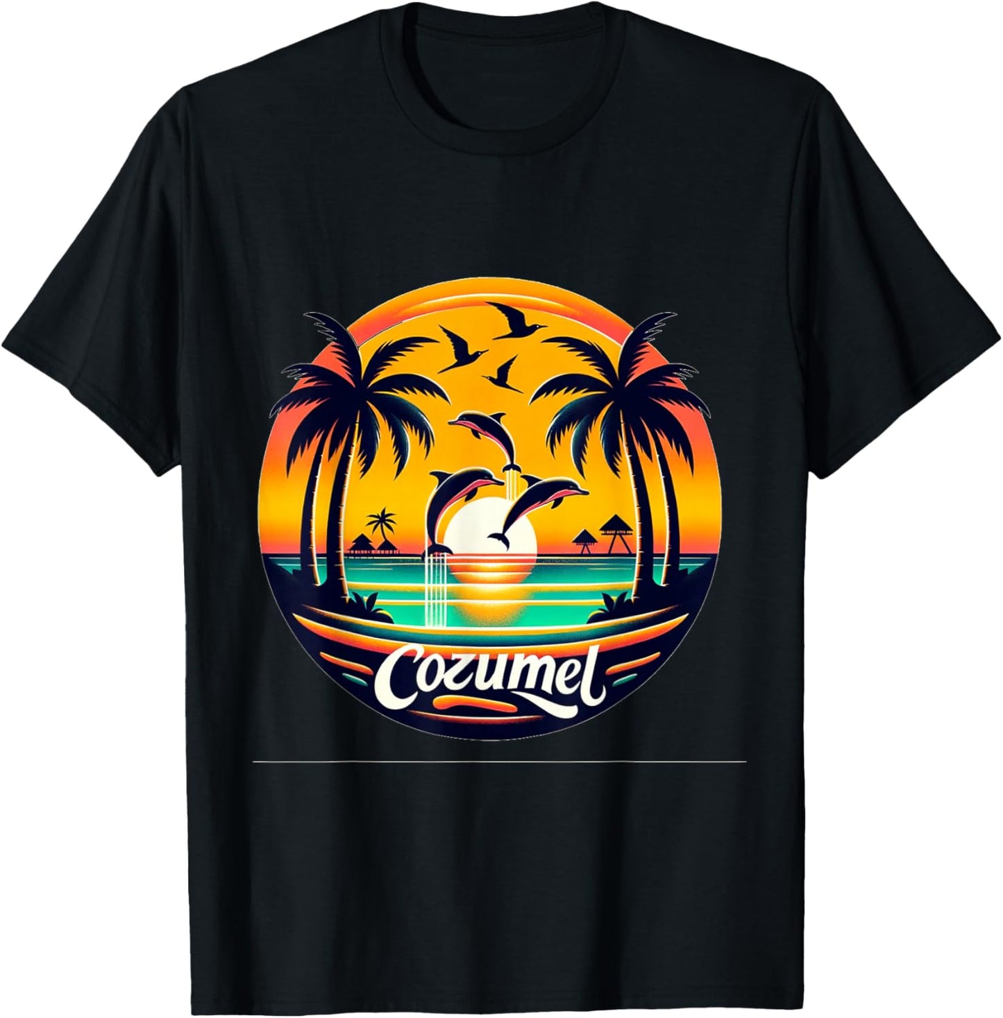 Cozumel Mexico with Dolphins and Sunset T-Shirt - T-Shirt | Black