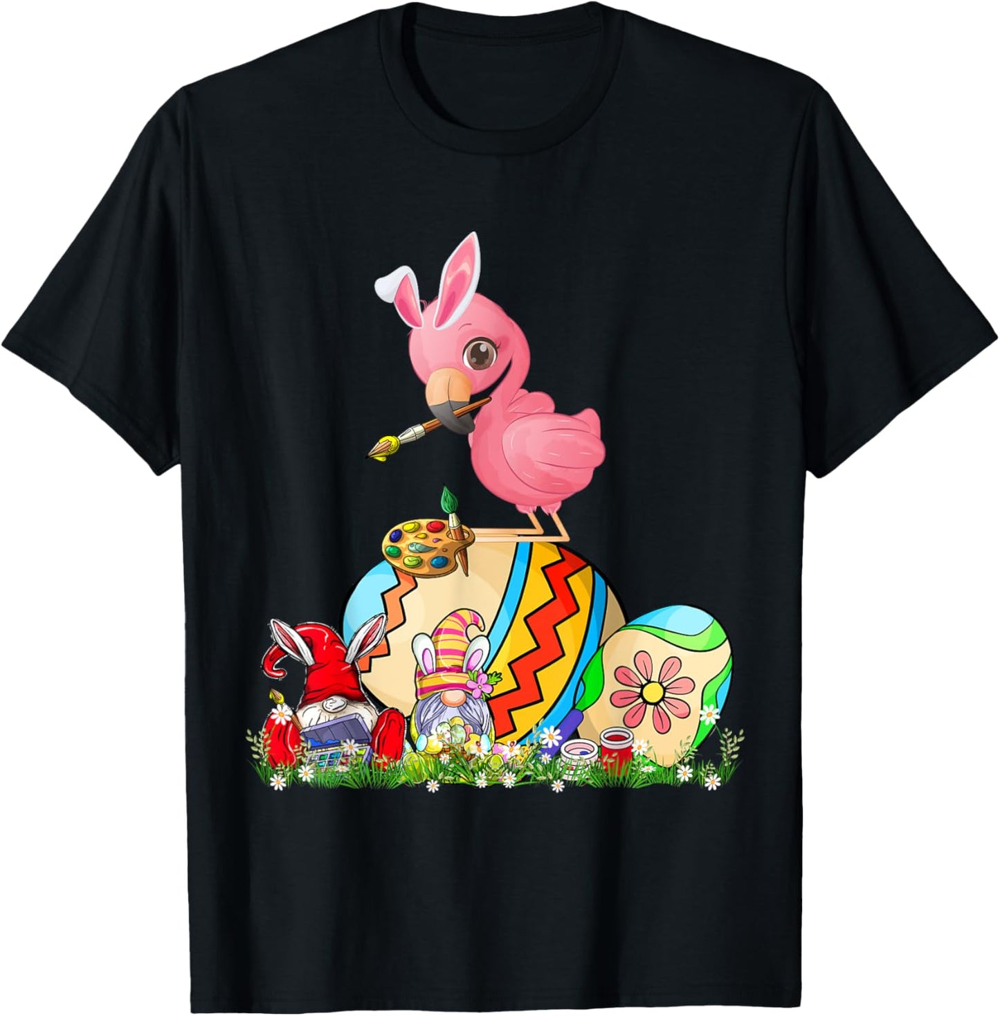 Easter Bunny Flamingo With Gnomes Painting Chocolate Eggs T-Shirt - T-Shirt | Black
