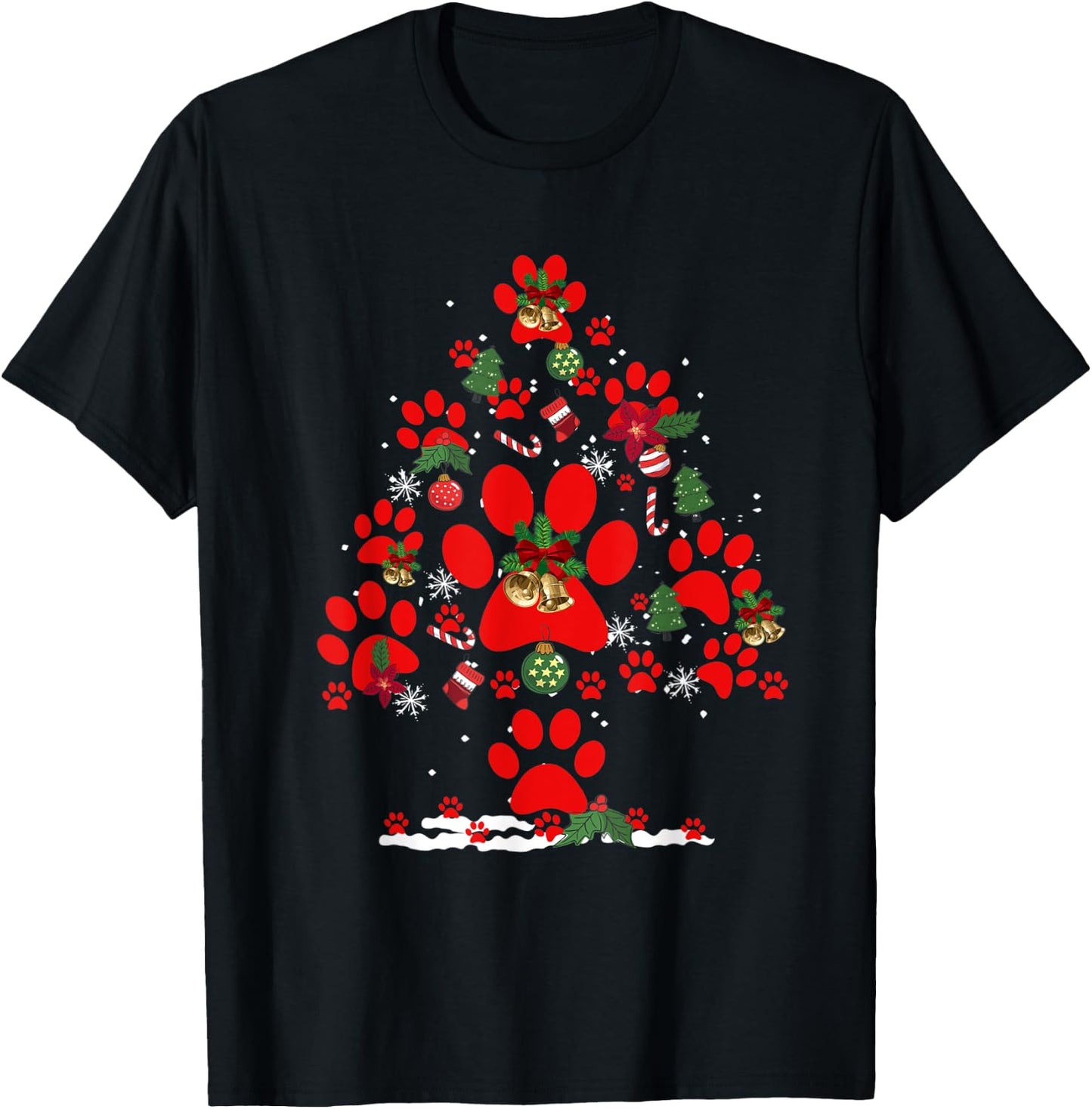 Paws Print Christmas Tree Dog Cat Women Kids T-Shirt - T-Shirt | Black