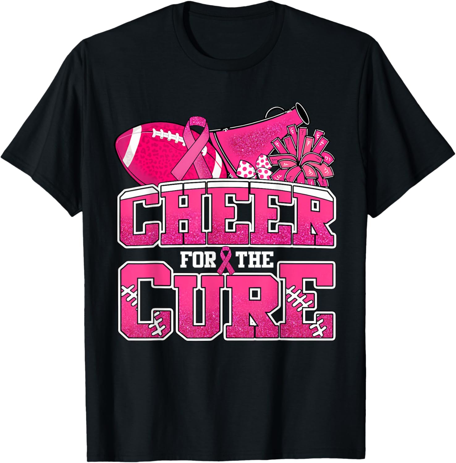 Cheer For The Cure Breast Cancer Sport Cheerleader Football T-Shirt - T-Shirt | Black