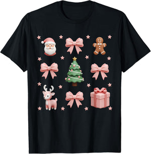 Coquette Bow Christmas Tree Santa Kawaii Women Girls Kids T-Shirt - T-Shirt | Black