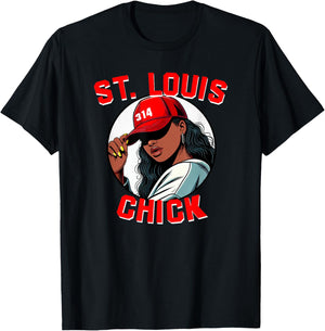 St. Louis Chick 314 Black Woman Red Hat T-Shirt - T-Shirt | Black