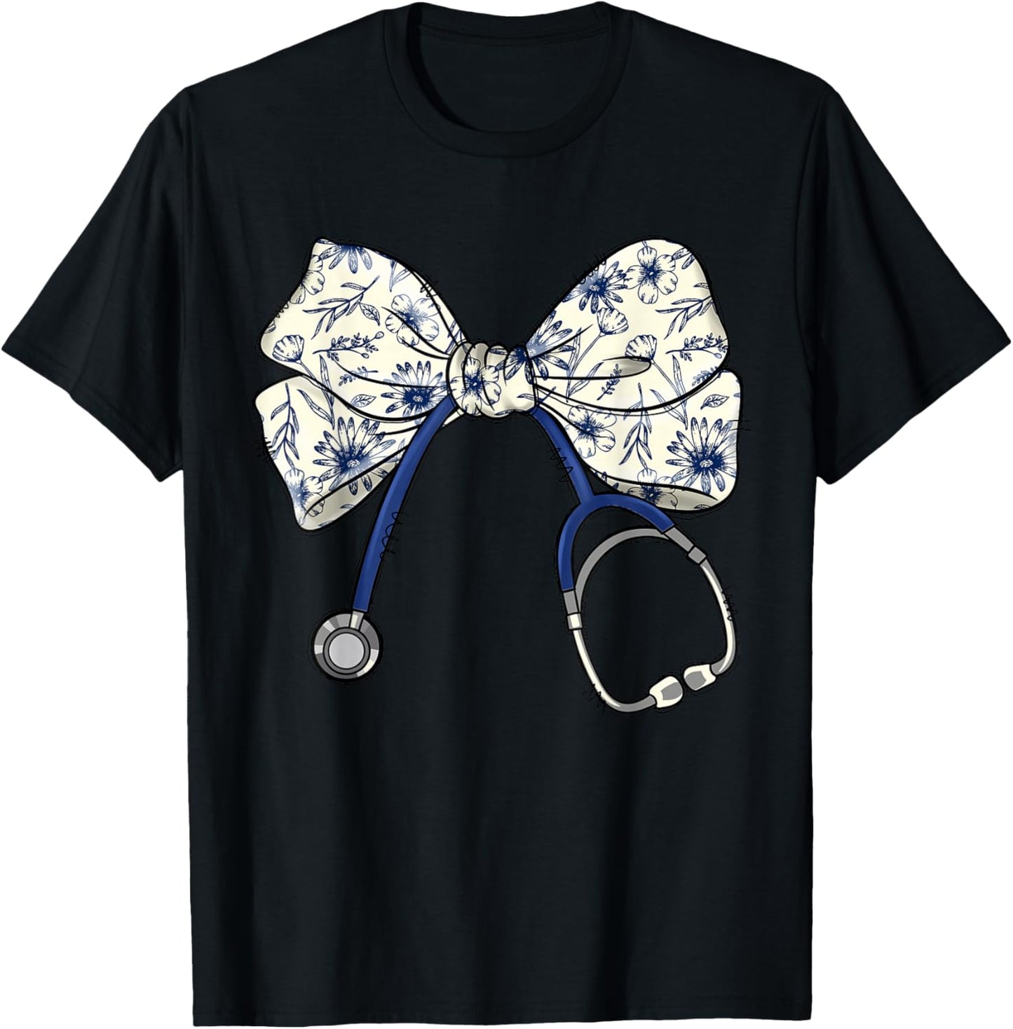 Floral Blue Coquette Bow Nurse Stethoscope Nursing Doctor T-Shirt - T-Shirt | Black