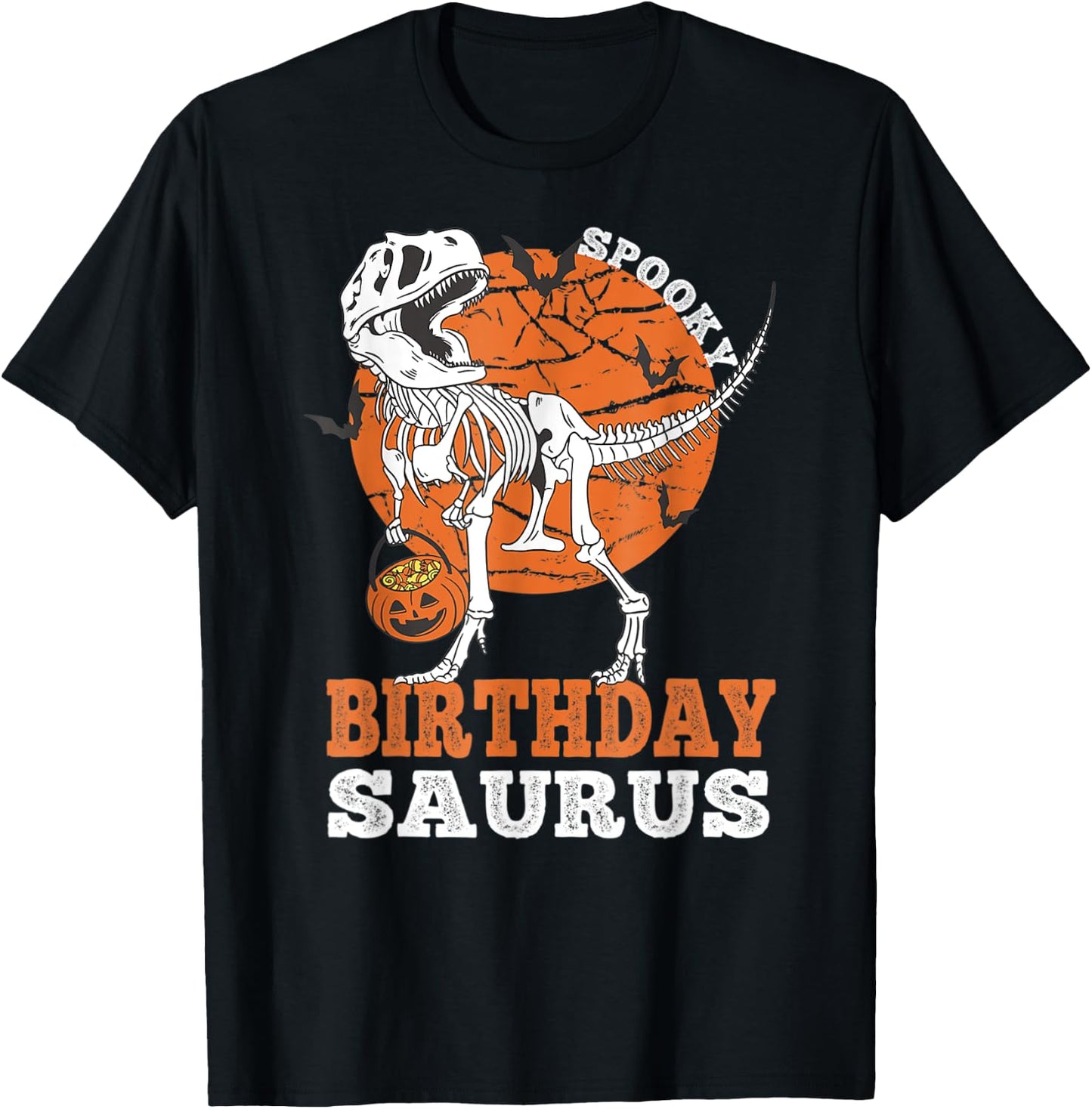 Vintage Spooky Birthday Saurus Dinosaur Skeleton Rex Pumpkin T-Shirt - T-Shirt | Black