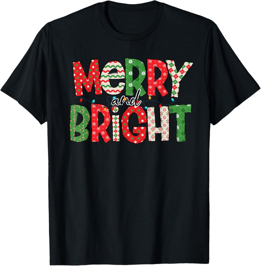 Merry And Bright Christmas Pajama Lights Santa Hat Xmas 2024 T-Shirt - T-Shirt | Black