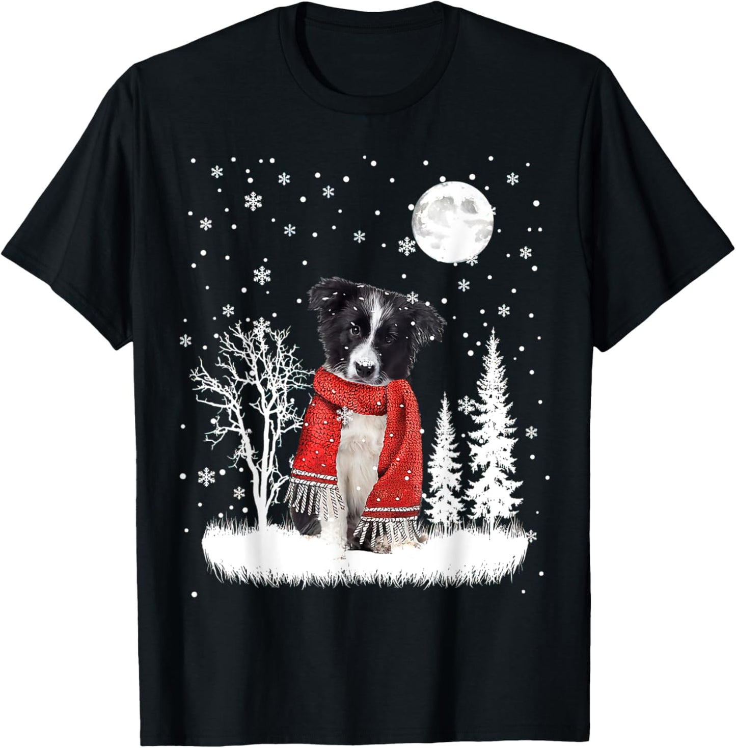 Border Collie Under Moonlight Snow Christmas Pajama T-Shirt - T-Shirt | Black
