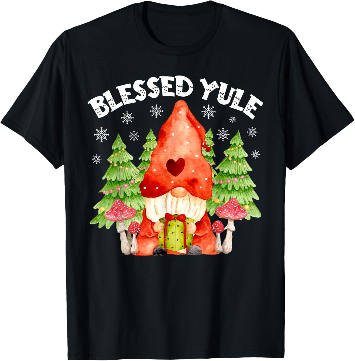 Blessed Yule Snowflakes and Gnome Cute Christmas Day Apparel T-Shirt - T-Shirt | Black