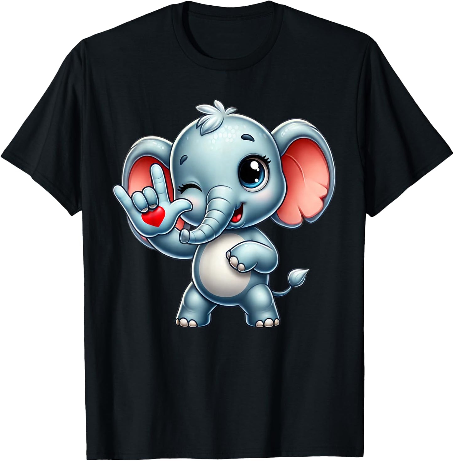 Cute Elephant Animal Love You ASL Hand Sign Language T-Shirt - T-Shirt | Black