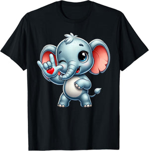 Cute Elephant Animal Love You ASL Hand Sign Language T-Shirt - T-Shirt | Black