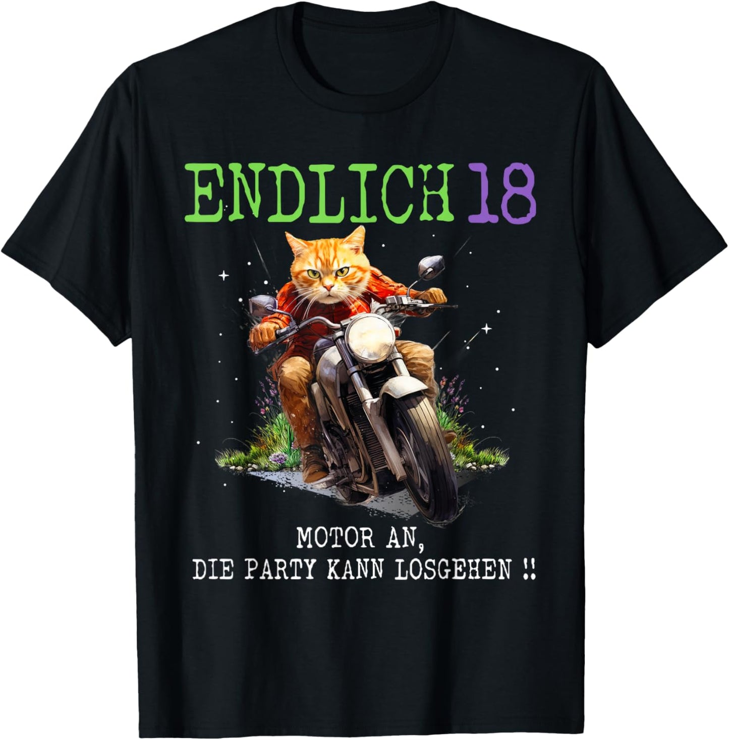 Endlich 18, Katze auf Motorrad, 18. Geburtstag T-Shirt - T-Shirt | Black