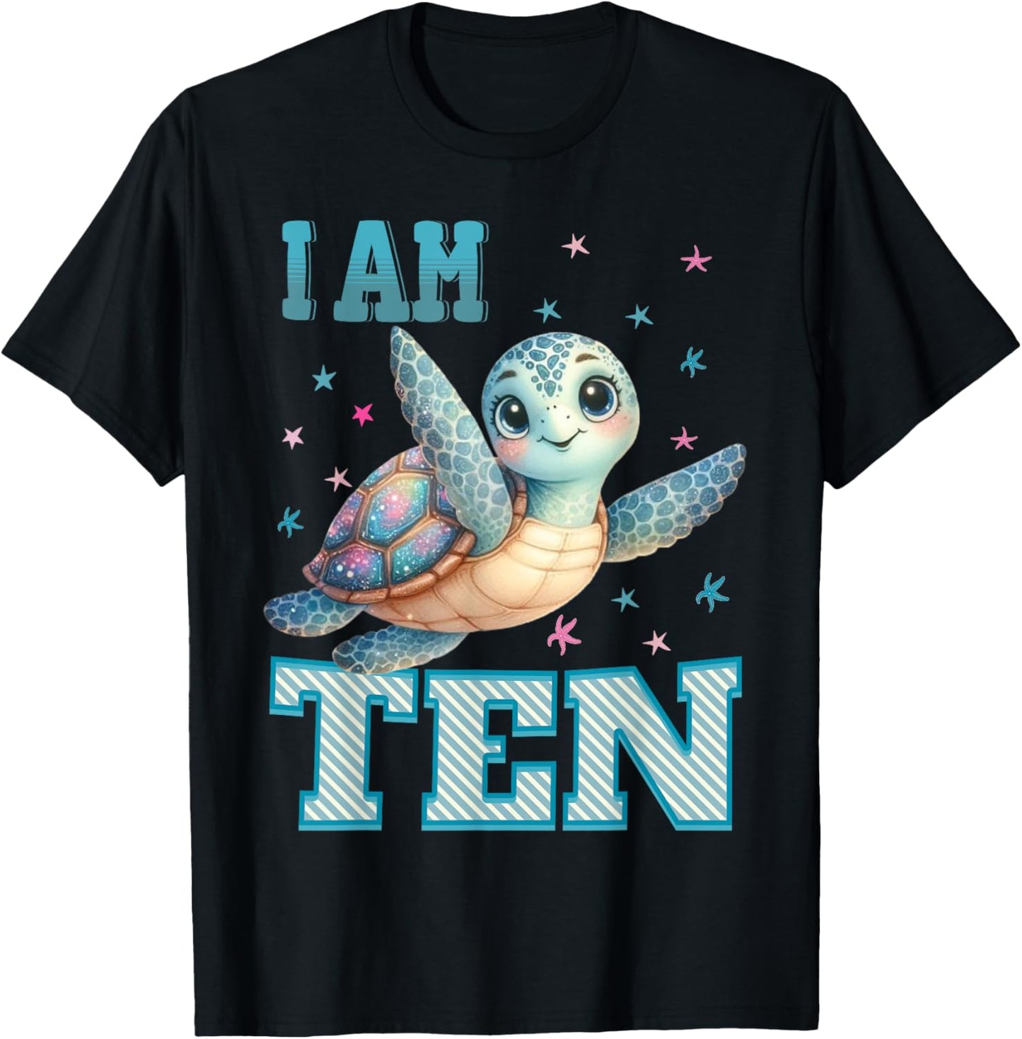 Kids 10 Year Old 10th Birthday Sea Turtles I am Ten Turtle T-Shirt - T-Shirt | Black
