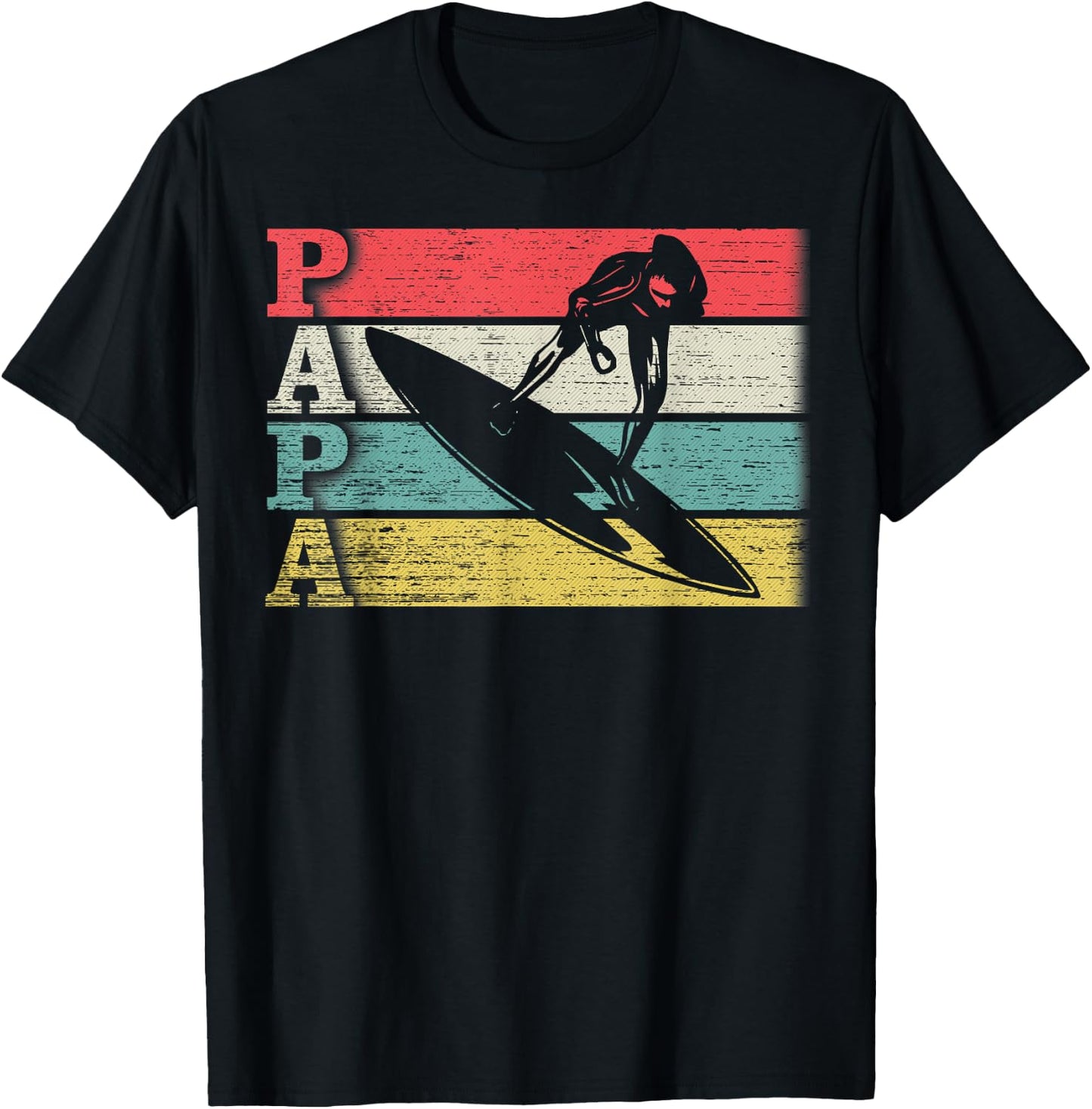 Vintage Retro Surfing Papa Surf Surfer Silhouette Distressed T-Shirt - T-Shirt | Black