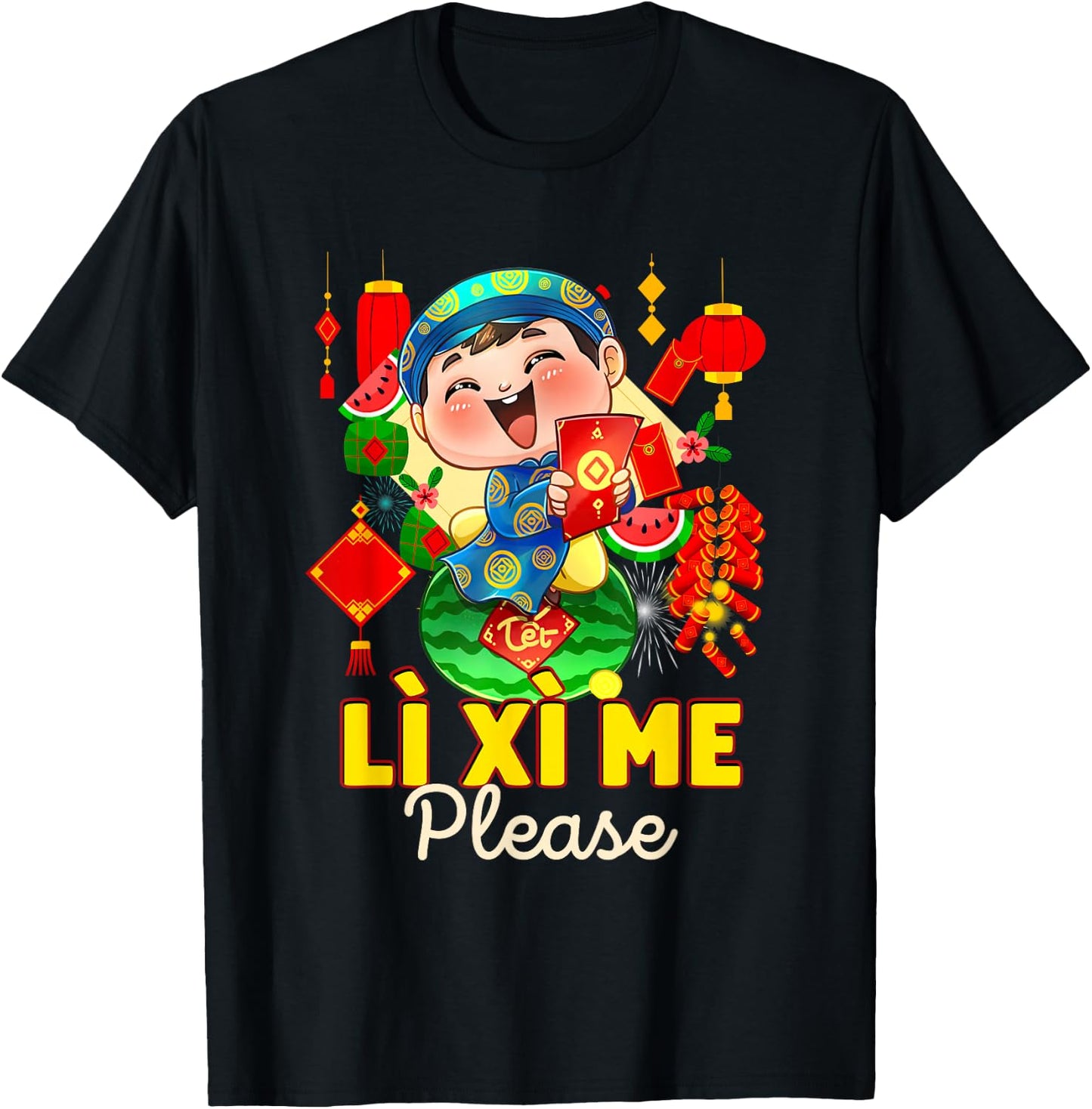 Happy Tet Chuc Mung Nam Moi 2025 Li Xi Me Please Kids Boys Black Modern Classic Cartoon Birthday T-Shirt - T-Shirt | Black