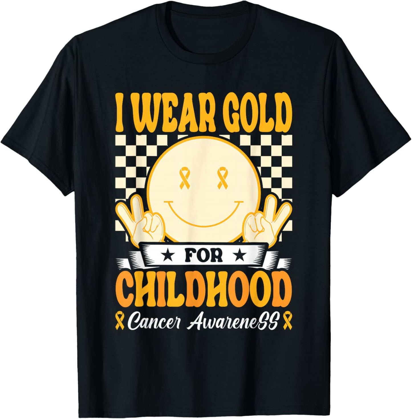 I Wear Gold For Childhood Cancer Awareness Boy Kids Groovy T-Shirt - T-Shirt | Black