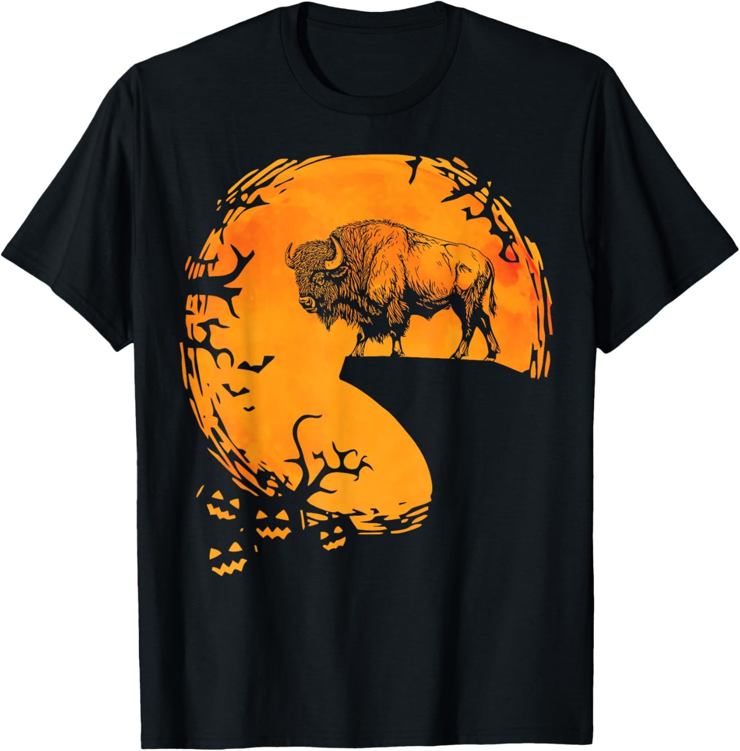 Funny Buffalo Halloween Moon Silhouette Spooky Bison Lover T-Shirt - T-Shirt | Black