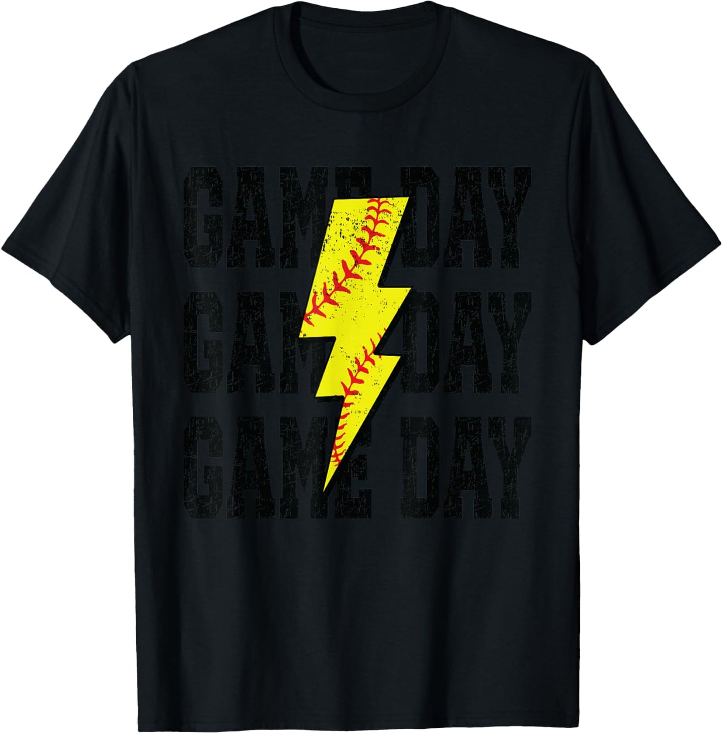 Softball Game Day Distressed Bolt Lightning Softball T-Shirt - T-Shirt | Black
