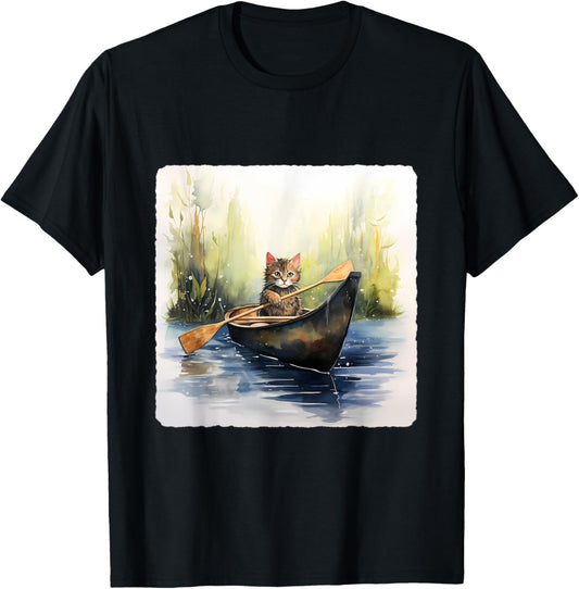 Cat In A Canoe. Adventurous Cat In A Canoe, Pet Adventure Men Women Kids T-Shirt - T-Shirt | Black