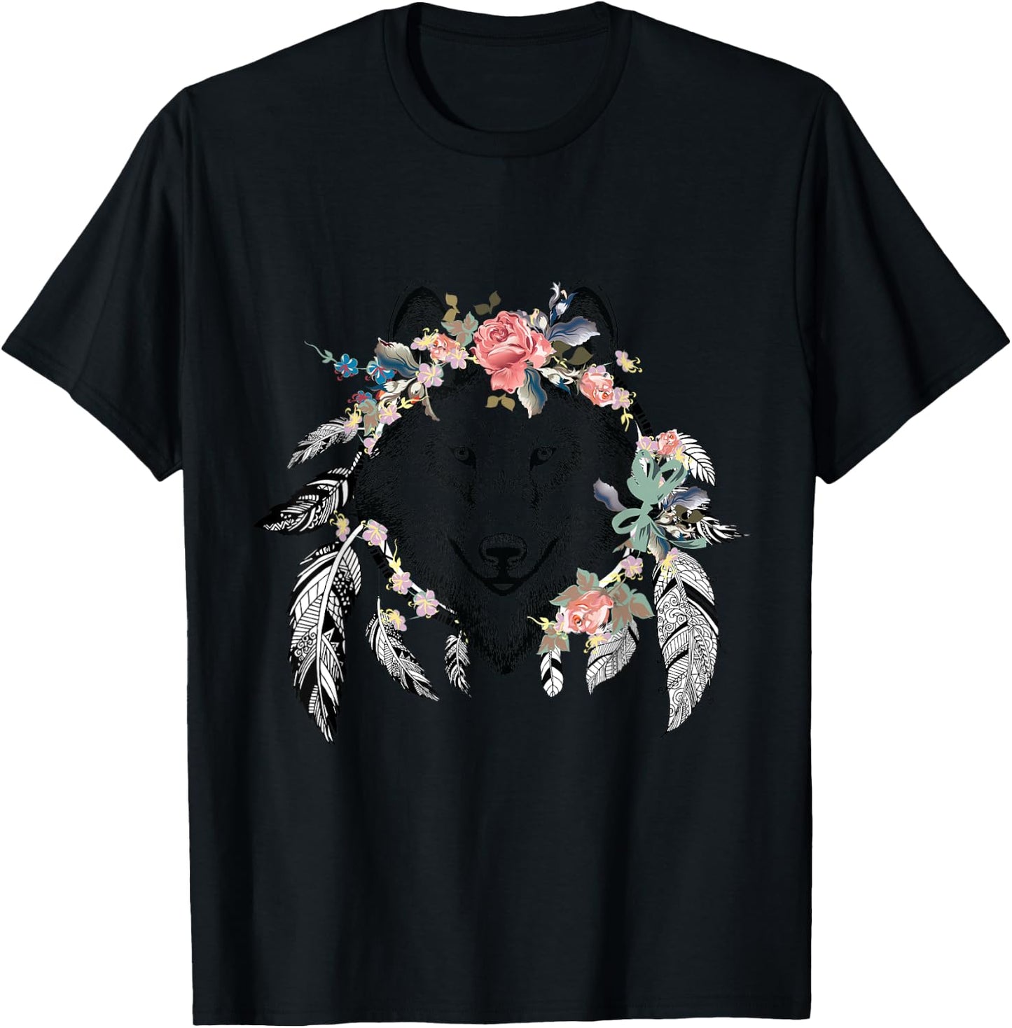 Ethnic Tribal Wolf Head Boho Feather Native American Hippie T-Shirt - T-Shirt | Black