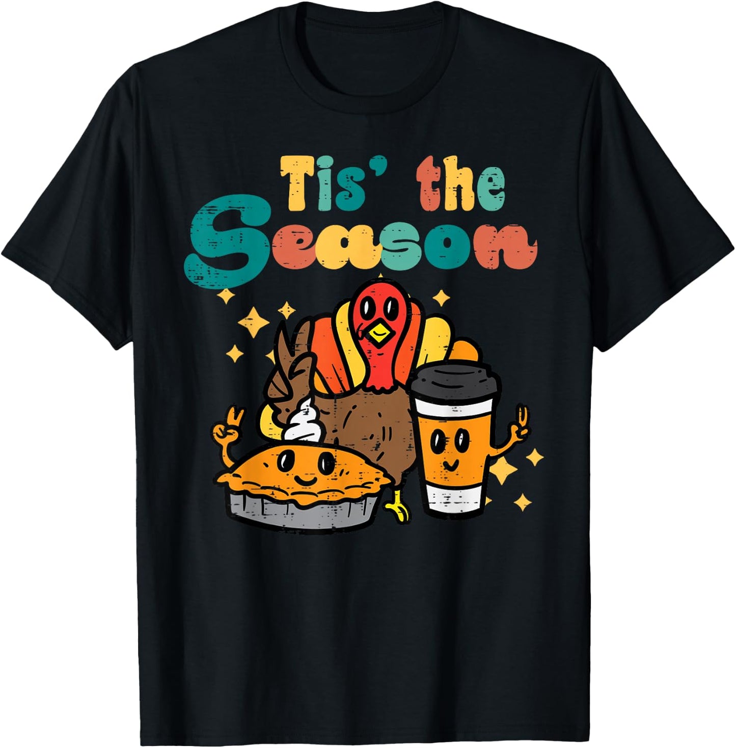 Tis The Season Turkey Pumpkin Coffee Retro Thanksgiving Fall T-Shirt - T-Shirt | Black