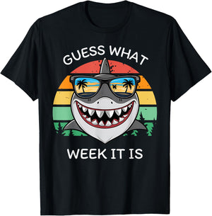 Retro Shark 2025 Week Guess What Week It Is Shark Lover Crew T-Shirt - T-Shirt | Black