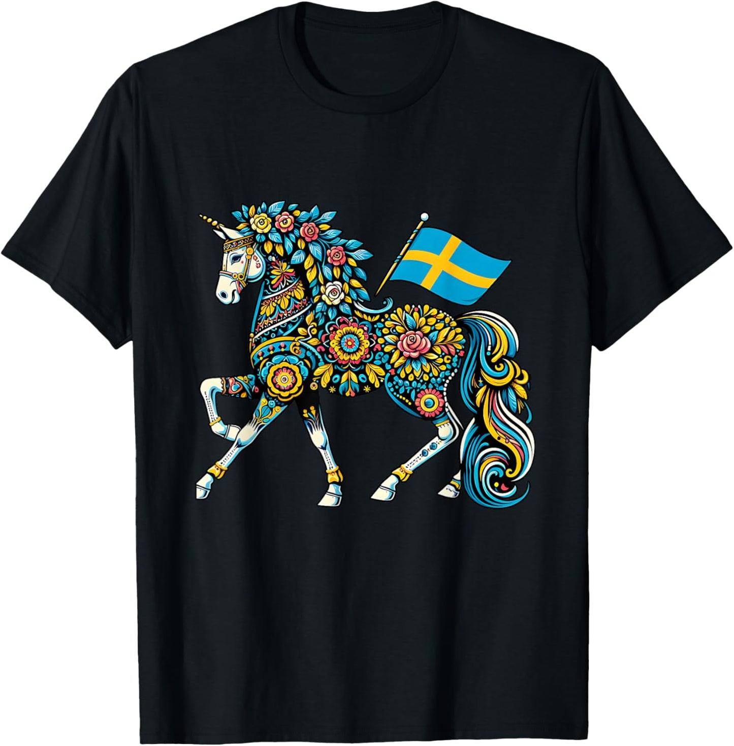 Swedish Dala Horse Folk Art Sweden Flag Dalahelmsoljd Horse T-Shirt - T-Shirt | Black