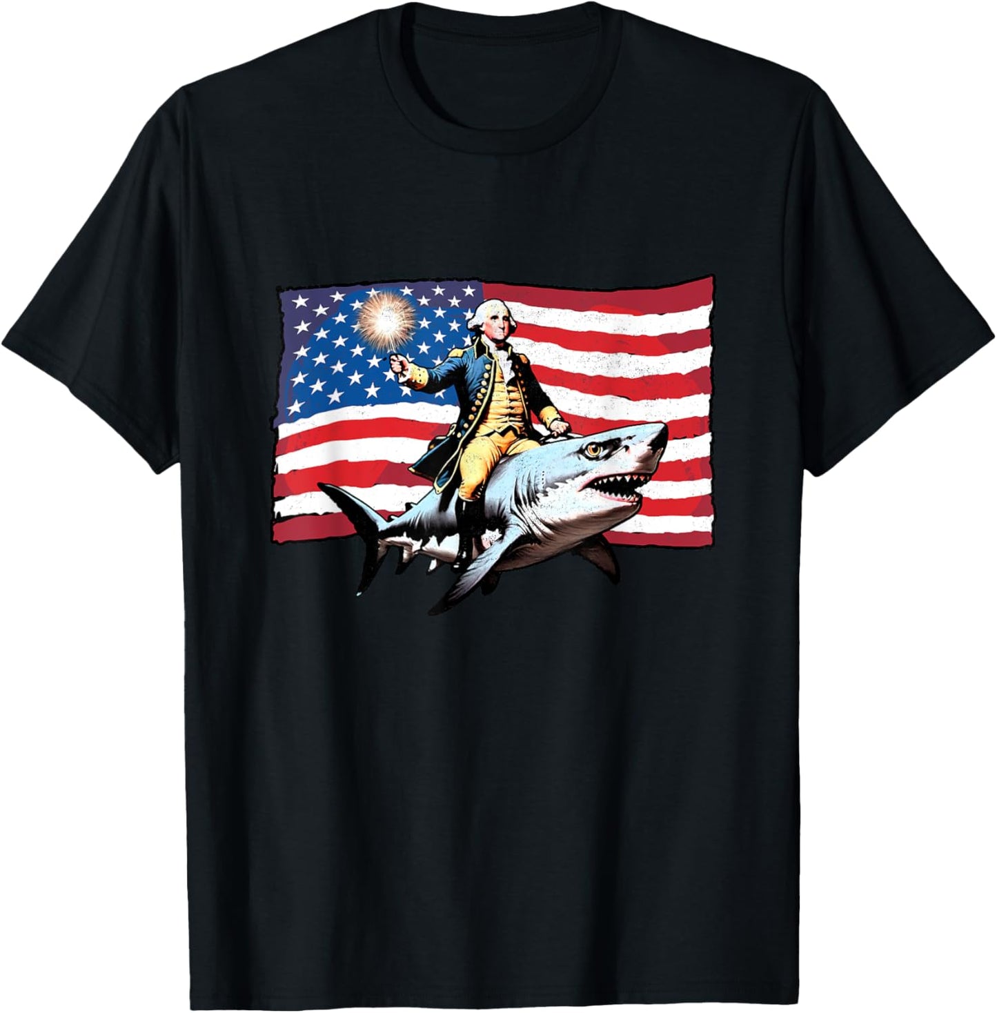 4th of July George Washington Riding Shark American Flag Men T-Shirt - T-Shirt | Black