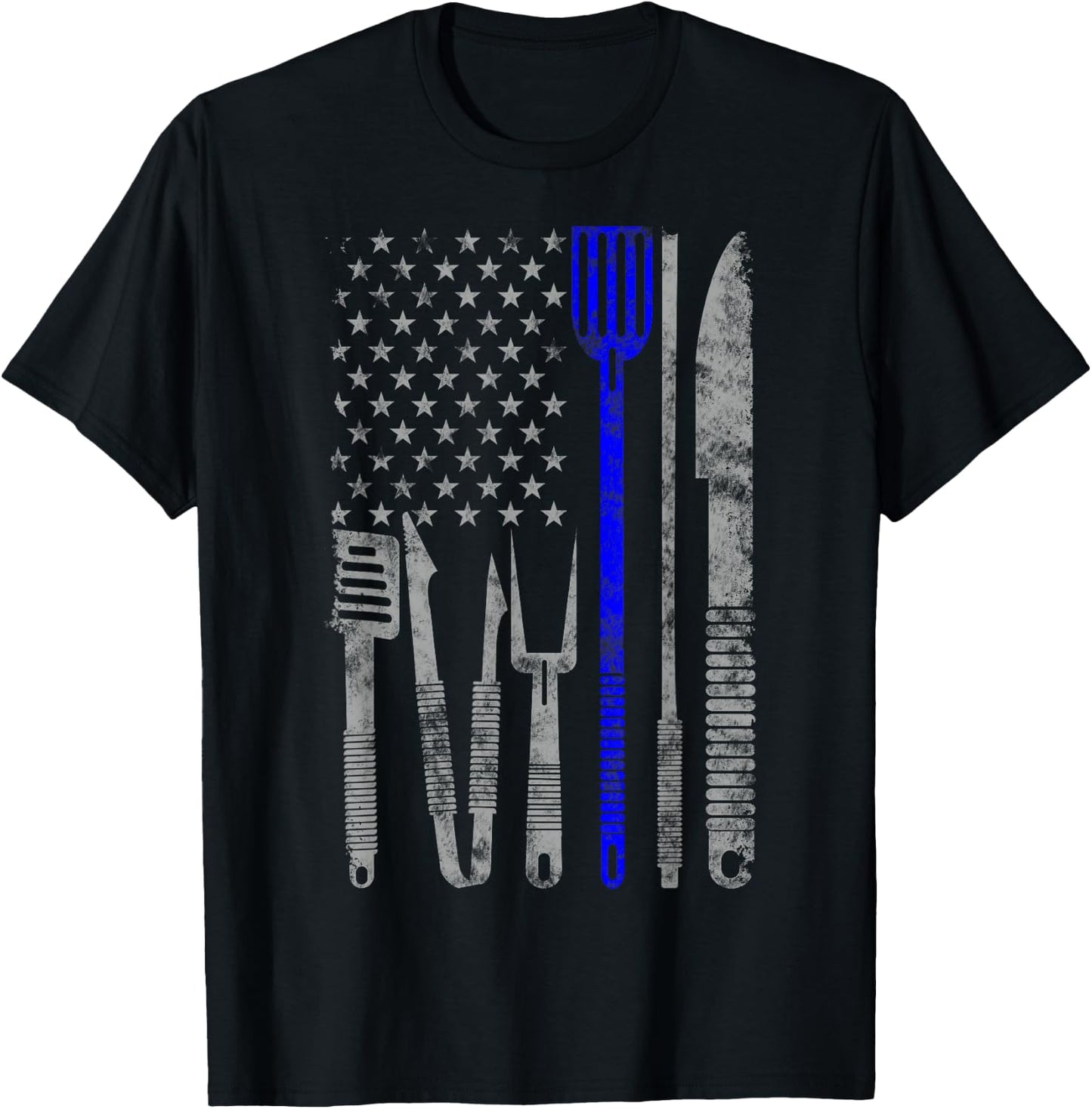 BBQ Grill Thin Blue Line american Flag Gift chef T-Shirt - T-Shirt | Black