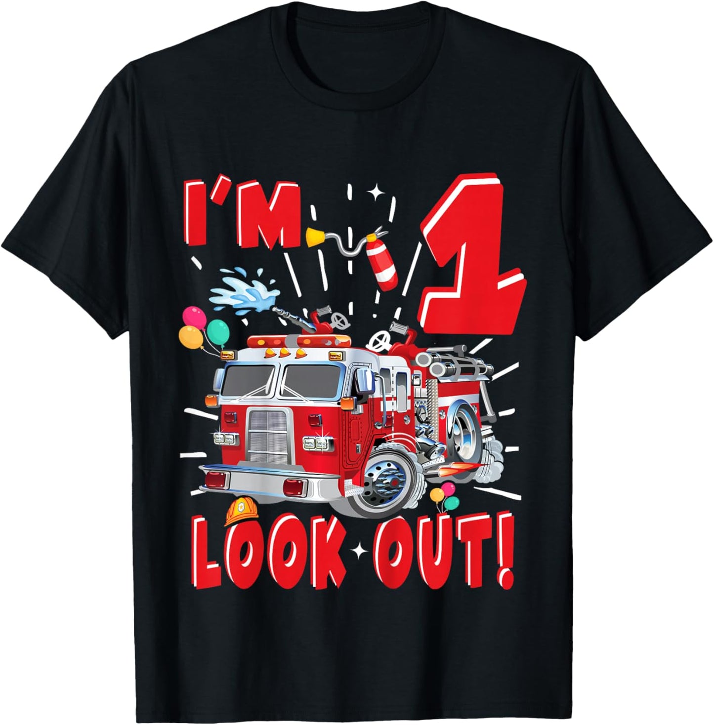 Kids One 1st Birthday Fire Truck Boy 1 Year Old Firefighter T-Shirt - T-Shirt | Black